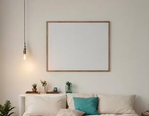 Livingroom or den, Empty photo frame, display, art, mock up 3D home interior design with minimalistic layout. Clean and crisp linen cotton pillows and plants with warm lighting. 