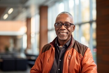 Obraz premium Portrait of a smiling afro-american man in his 60s sporting a stylish varsity jacket in sophisticated corporate office background
