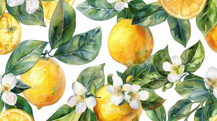 A lush and vivid watercolor painting depicting ripe yellow lemons with accompanying green leaves and white flowers. The artwork presents a fresh and vibrant scene.