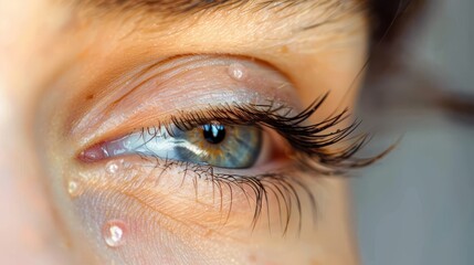 A striking close-up image of a human eye adorned with water droplets, highlighting intricate details such as eyelashes, eye color, and skin texture around the eye area.