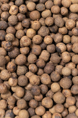 Black peppercorns top view macro close-up vertical.