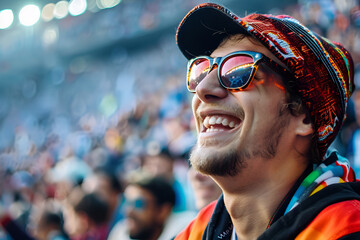 Cheerful football fans support the national team in a live football match at the stadium.