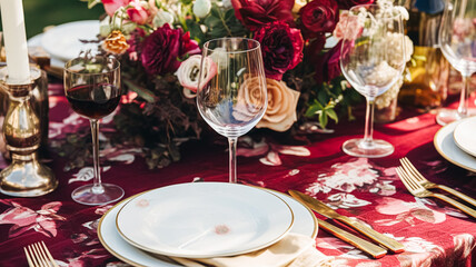 Wedding and event celebration tablescape with flowers, formal dinner table setting with roses and wine, elegant floral table decor for dinner party and holiday decoration, home styling idea