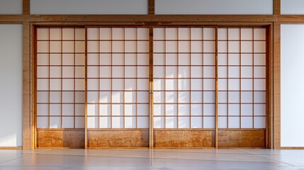 Tranquil Japanese Sliding Door with Paper Panels in Minimalist Studio Setting on White Background