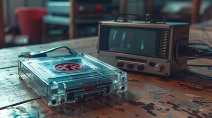 Fototapeta premium a cassette tape next to a modern MP3 player in a high-resolution photographic style 