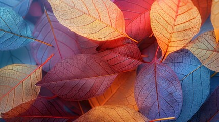 This mesmerizing image captures a harmonious mix of autumn leaves in vivid colors, including shades of red, orange, yellow, and blue, creating a vibrant visual spectacle.