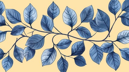 Obraz premium This abstract illustration features an array of blue leaves against a pale yellow background, creating a visually pleasing design with a modern touch and a sense of tranquility.
