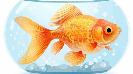 A detailed and vibrant goldfish swimming inside a crystal-clear fishbowl, showing rich colors and an elegant fin display, highlighted by bubbles and reflections.