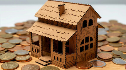 cardboard house and coins