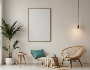 den or nook, Empty photo frame, display, art, mock up 3D home interior design with minimalistic layout. Clean and crisp linen cotton pillows and plants with warm lighting. 