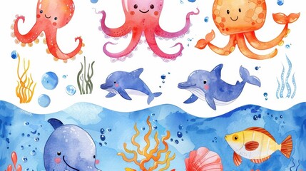 Cute illustration of marine creatures including octopuses, dolphins, and fish in a joyful underwater scene with seaweed and coral, expressing playful marine life.