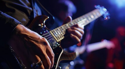 Obraz premium A close-up of a musician playing a guitar