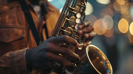 A close-up of a musician playing the saxophone