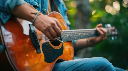 Fototapeta premium A close-up of a musician tuning a guitar