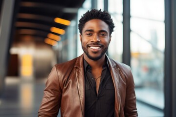 Obraz premium Portrait of a cheerful afro-american man in his 20s sporting a stylish leather blazer in sophisticated corporate office background