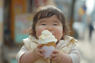 Cute asian baby with overweight enjoying big ice cream outdoors licking cone. happy child eating dessert. smiling happy kid concept. unhealthy lifestyle and childhood eating habits idea.