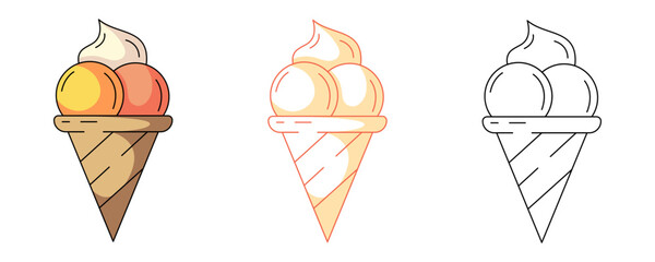 Ice cream balls in a waffle cone, colorful and line icons set. Summer sweet refreshing milk dessert, vector outline icon, monochrome and color illustration. For logo, sticker, coloring book, label