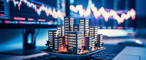 Miniature cityscape on a laptop keyboard with stock market graphs in the background, symbolizing digital finance, urban development, and technology integration.