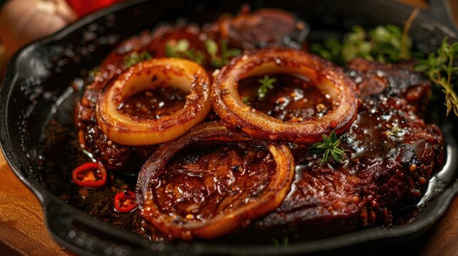 Traditional Filipino dry aged angus bistek tagalog steak with onion rings in soy sauce served as close up in a cast iron casserole