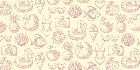 Minimalist monochrome summer seamless pattern, beach elements, isolated background. Swimsuit, pineapple, seashell, glasses, fish, flamingo, coconut cocktail. For cover, wrapping paper, textile print
