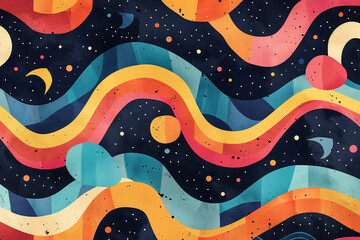 abstract background with colorful lines, waves, planet and stars