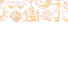 Summer square card, minimalist monochrome orange beach accessories icons. Upper border frame, copy space, isolated on white. For poster, flyer, banner, invitation, social media, postcard, party