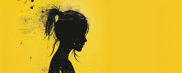 Black silhouette of woman with ponytail on yellow background