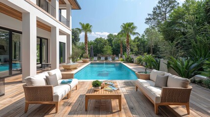 A luxurious outdoor patio complete with comfortable seating areas, a pristine pool, and tall palm trees creating an oasis of relaxation and elegance in a modern setting.