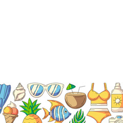 Summer square card, colorful beach accessories icons. Bottom border frame, copy space, isolated on white. Holiday and vacation. For poster, flyer, banner, invitation, social media, postcard, party