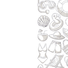Summer square card, minimalist monochrome beach accessories icons. Right side border frame, copy space, isolated on white. Holiday and vacation. For poster, flyer, banner, invitation, social media