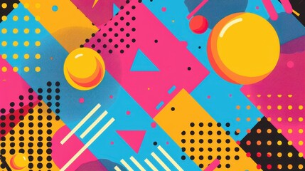 Dazzling abstract image with colorful geometric patterns on a bold background, featuring various shapes such as circles, triangles, and squares, with a modern aesthetic.