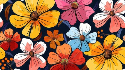 An array of colorful flowers in full bloom set against a dark background, showcasing the vivid beauty and diversity of nature's floral offerings in an abstract style.