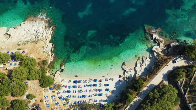 Aerial drone view north east coast with Kanoni, Mpataria and Pipitos beach, Island of Corfu, Greece. Mpataria, Kanoni and Pipitos beach at Corfu Greece during the day.