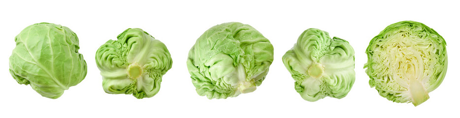 Obraz premium Cabbage set isolated on white background with clipping path. Close up background and texture of green leaves cut cabbage. Food background. Top view.