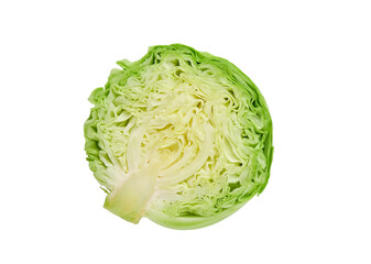 Obraz premium Cabbage with clipping path. Close up background and texture of green leaves cut cabbage. Food background. Top view.