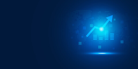 Business growth arrow up digital on blue dark background, investment graph technology circuit to success, financial data technology strategy, market chart profit money, abstract finance background.