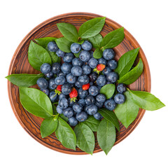 Fresh ripe blueberries with green leaves in bowl isolated on white background