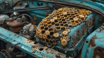 Beehive in Engine Bay, A beehive built inside an engine bay, showing life thriving in industrial settings