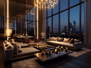 3d rendering of a modern living room with a panoramic view