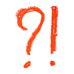 Question exclamation mark. Punctuation marks. Red chalk drawing on a white background. Chalk texture.