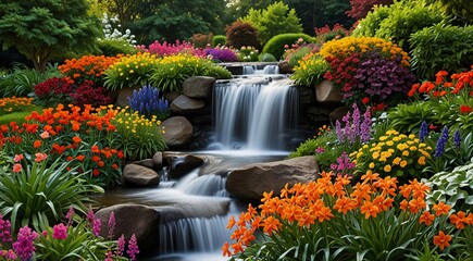 Fototapeta premium Lush garden waterfall with vibrant spring flowers, scenic backyard landscape with cascading water, colorful floral paradise and peaceful nature scenery