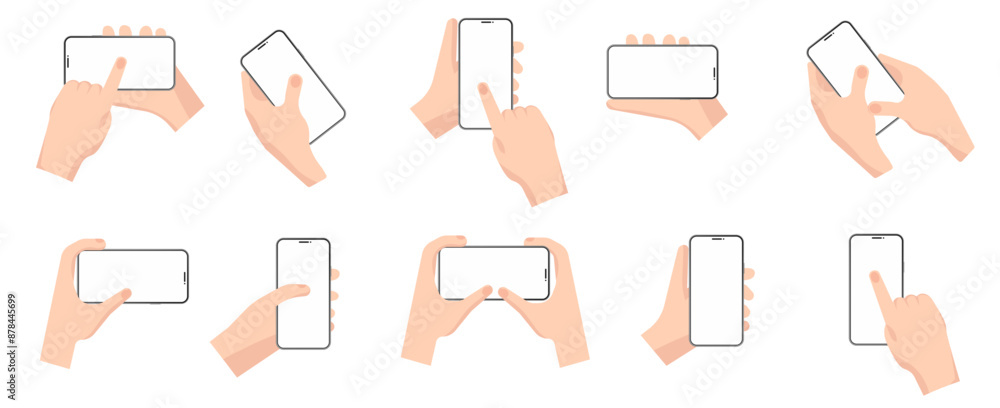 Poster hands holding smartphone collection with blank screen. phone with holding hands