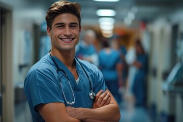Fototapeta premium A cheerful young healthcare professional, wearing scrubs and a stethoscope, standing confidently in a hospital corridor with colleagues in the background. 