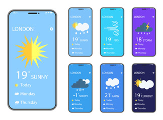 Smartphone with weather app in a screen in a flat design