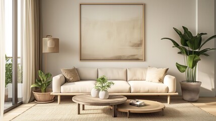 Cozy Minimalist Scandinavian Living Room with Beige Sofa, Abstract Wall Art, and Indoor Plants Creating a Tranquil and Stylish Space