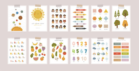 Set of Educational Posters, Kids Wall Decor, Kindergarten Decor, Classroom Posters, Feelings, Letters, Numbers, Colors, Seasons, Preschool Wall Prints, Kids Bible verse, Vector kids design
