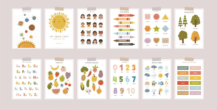 Set of Educational Posters, Kids Wall Decor, Kindergarten Decor, Classroom Posters, Feelings, Letters, Numbers, Colors, Seasons, Preschool Wall Prints, Kids Bible verse, Vector kids design