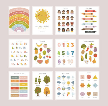 Set of Educational Posters, Kids Wall Decor, Kindergarten Decor, Classroom Posters, Feelings, Letters, Numbers, Colors, Seasons, Preschool Wall Prints, Kids Bible verse, Vector kids design