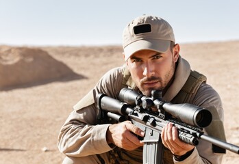 Fototapeta premium war conflict sniper shooter holding sniper
