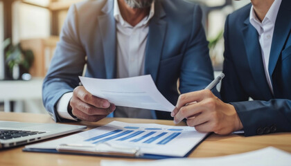 Two men are seated at a table, carefully inspecting a document in a collaborative manner
